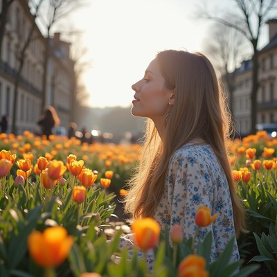 Woman enjoys springtime in a tulip garden at sunset