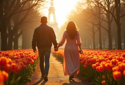 Romantic stroll among blooming tulips at sunset