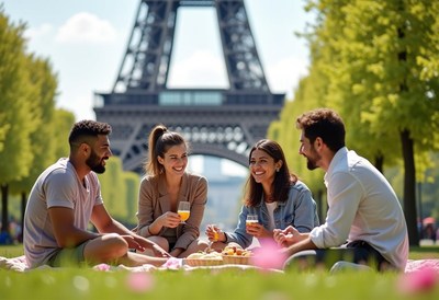 Friends enjoying a picnic near the eiffel tower
