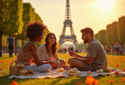 Friends enjoying a picnic near the eiffel tower at sunset