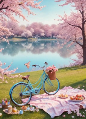 Bicycle beside cherry blossoms by the lake
