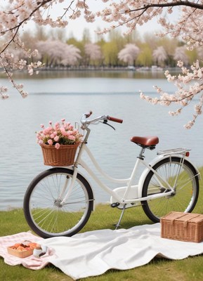 Springtime bicycle beside blooming cherry trees