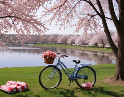 Springtime picnic by the lake with blooming cherry trees