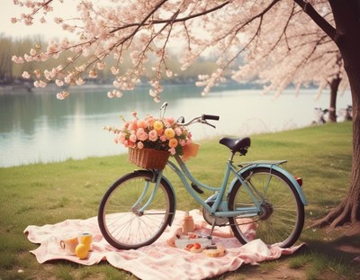 Flower-filled bicycle near a serene lakeside picnic