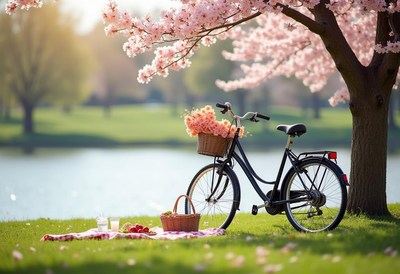 Bicycle with flowers near cherry blossom tree