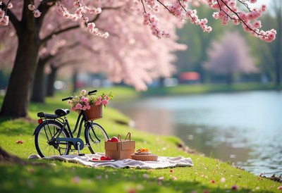 Bicycle picnic by a serene lake under blooming cherry trees