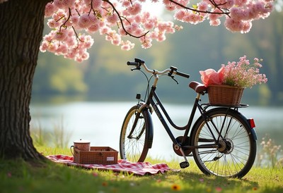 Enjoying spring by the lake with a bicycle and flowers