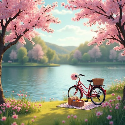 Relaxing picnic by the lake under cherry blossom trees