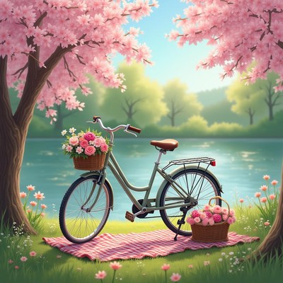 Bicycle surrounded by cherry blossoms near a tranquil lake