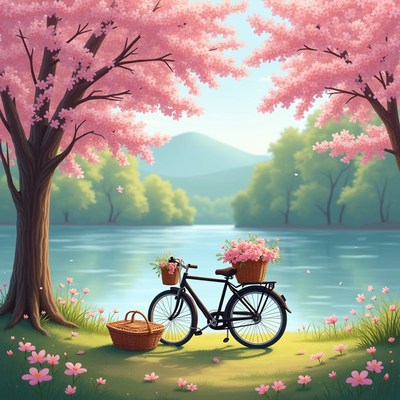 Bicycle by the lake surrounded by blooming cherry blossoms
