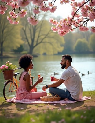 Couple enjoys picnic by lake under blooming cherry blossoms