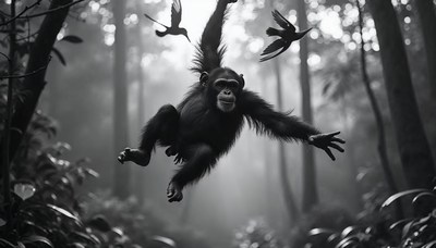 Monkey navigating through forest while birds fly nearby