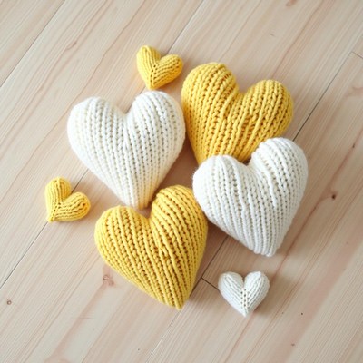 Cozy knitted hearts in yellow and white on wooden floor