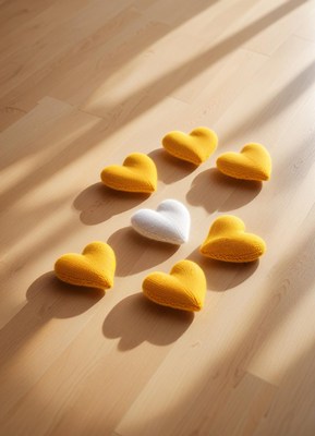 Colorful hearts arranged creatively on wooden surface