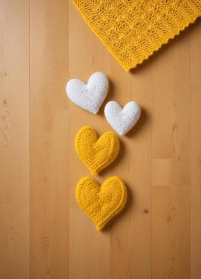 Handmade heart decorations arranged on wooden floor