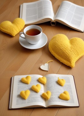 Cozy reading setup with yellow hearts and tea