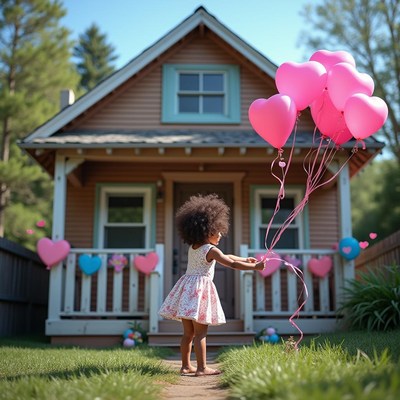 Child celebrates with heart balloons in front of a house