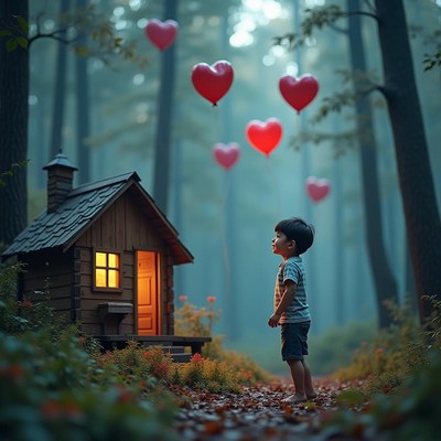 Child gazes at charming cabin with floating hearts