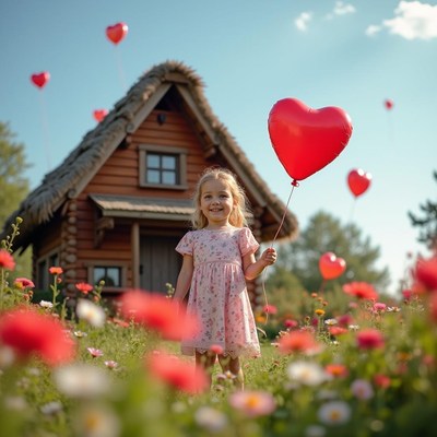 Cheerful girl holding heart balloon in flower field