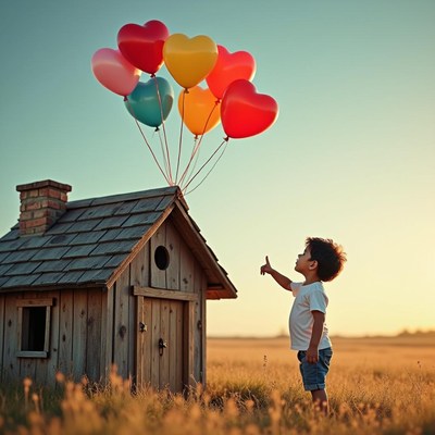 Child with heart-shaped balloons by a wooden house
