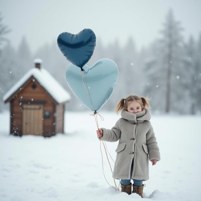 Child holding heart-shaped balloons in winter snow