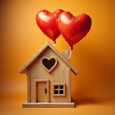 Wooden house with heart balloons for celebration