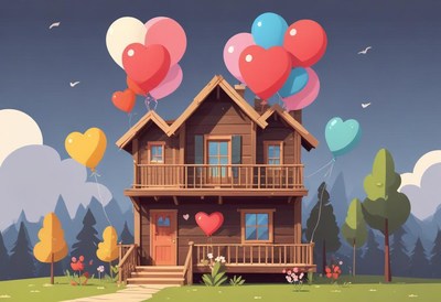 Wooden house with heart balloons in a vibrant scene