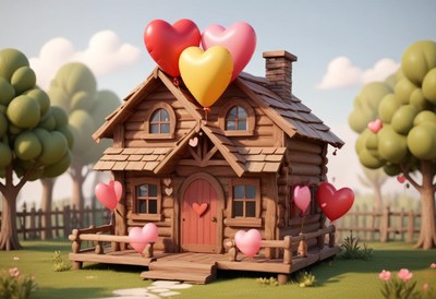 Charming wooden house with heart-shaped balloons