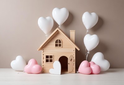 Wooden house decoration with heart balloons for celebration