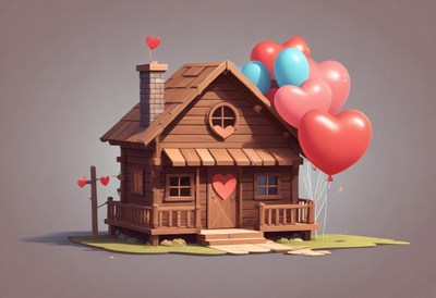 Charming wooden house adorned with heart-shaped balloons
