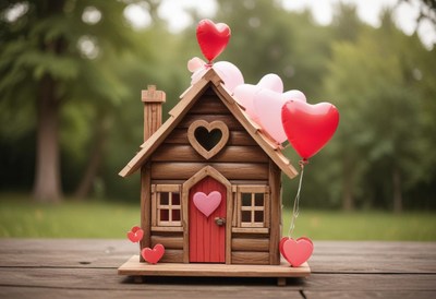 Heart-themed miniature house with balloons in garden