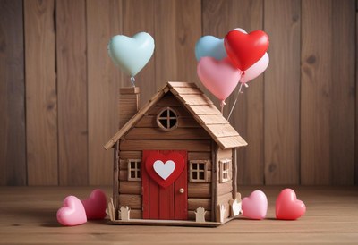 Heart-themed miniature house with colorful balloons