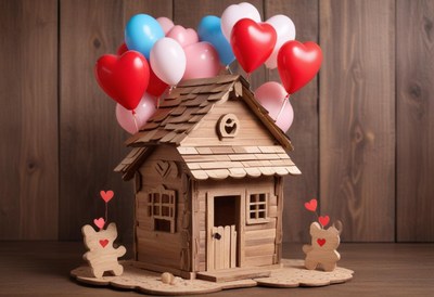 Wooden house decorated with heart balloons for celebration