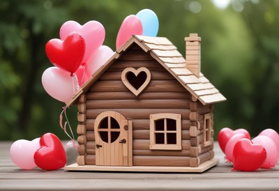 Beautiful wooden house with heart balloons in garden