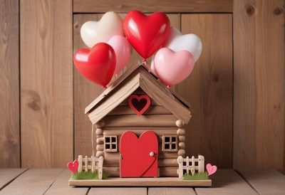 Creative wooden house decoration with love balloons