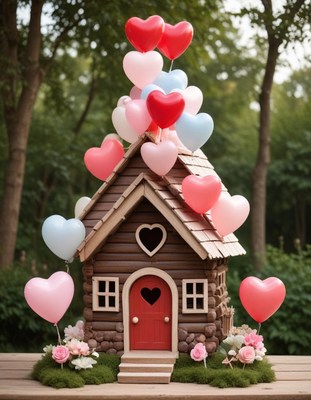 Beautiful heart-themed cottage with colorful balloons