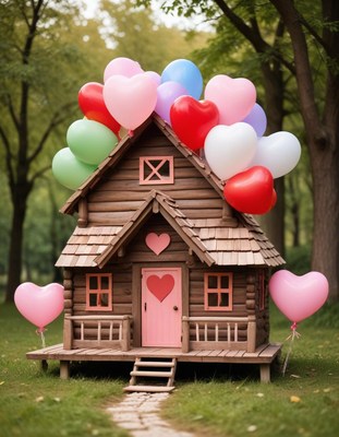 Colorful heart balloons adorn a whimsical wooden house