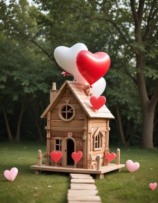 Wooden house decorated with heart-shaped balloons outdoors