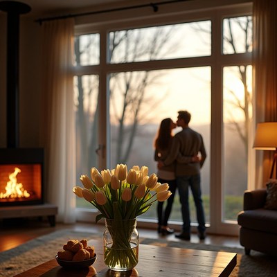 Romantic sunset moment by the fireplace in cozy living room