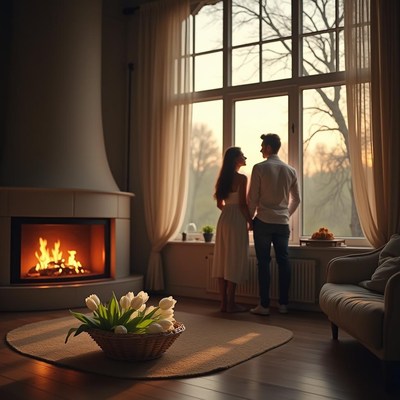 Cozy evening by the fireplace in a warm living room