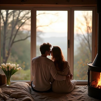 Romantic evening in a cozy cabin by the fire