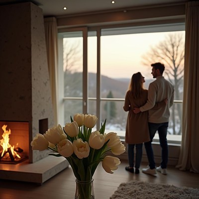Couple enjoying a cozy evening by the fireplace