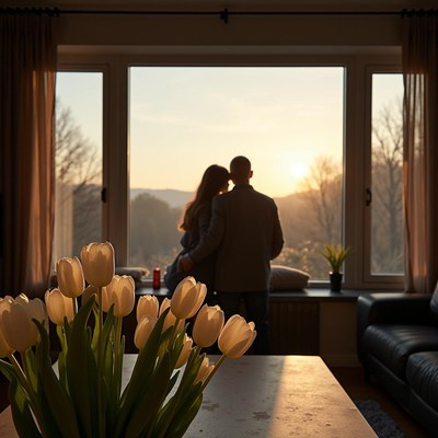 Couple enjoying sunset view by the window in cozy home