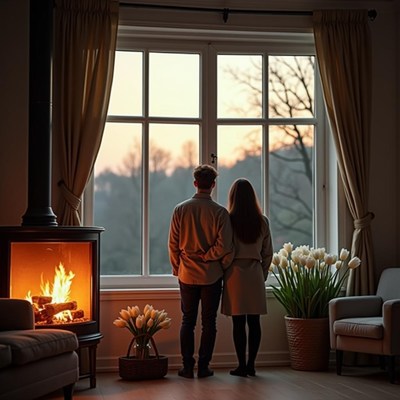 Couple enjoying sunset view by the fireplace in cozy room
