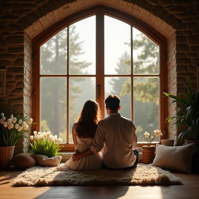 Couple enjoying a quiet moment near a large window