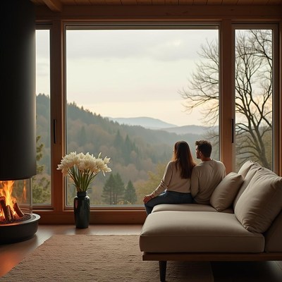 Couple enjoys a peaceful moment by the fireplace