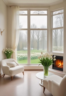 Comfortable indoor seating with tulips and a warm fireplace