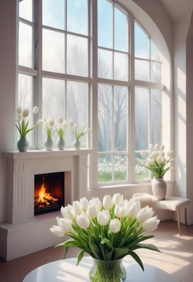 Cozy living room filled with white tulips and sunlight