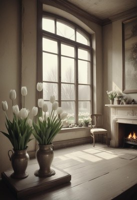Bright interior with tulips and fireplace creates warmth