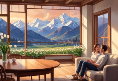 Couple enjoying mountain view in cozy living room